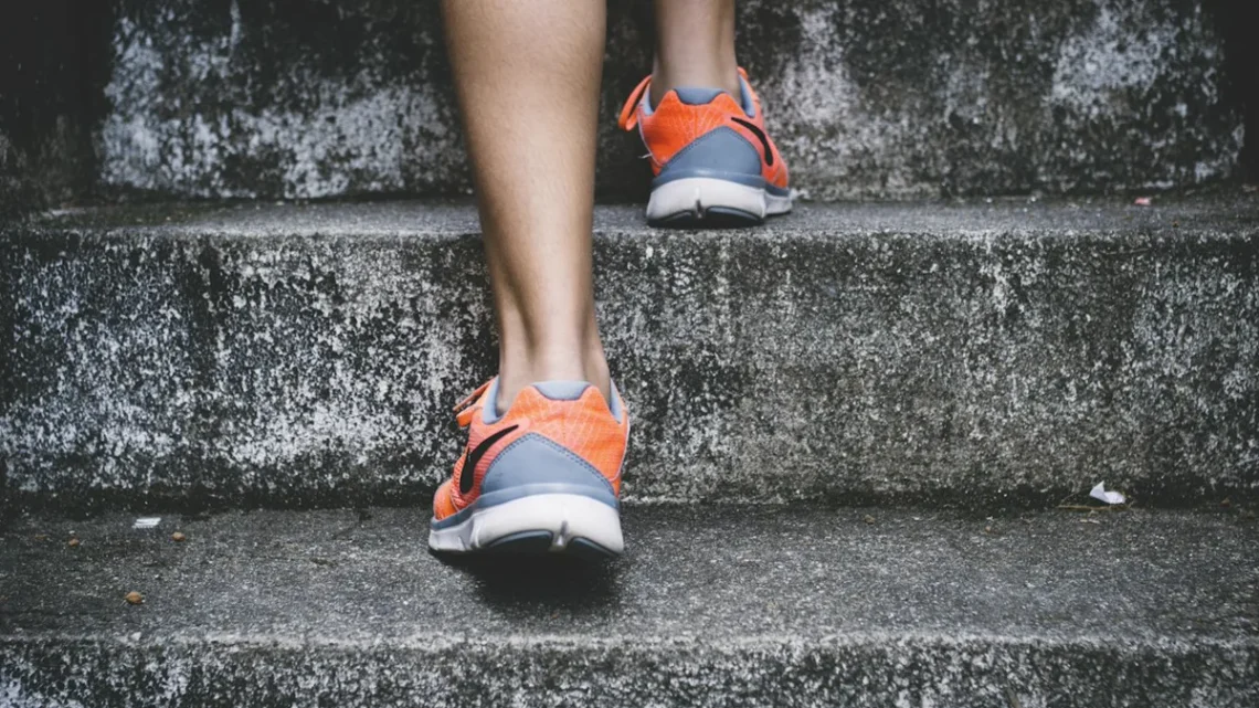 walking routine for beginners: comfortable walking sneakers on a sunlit paved neighborhood park path
