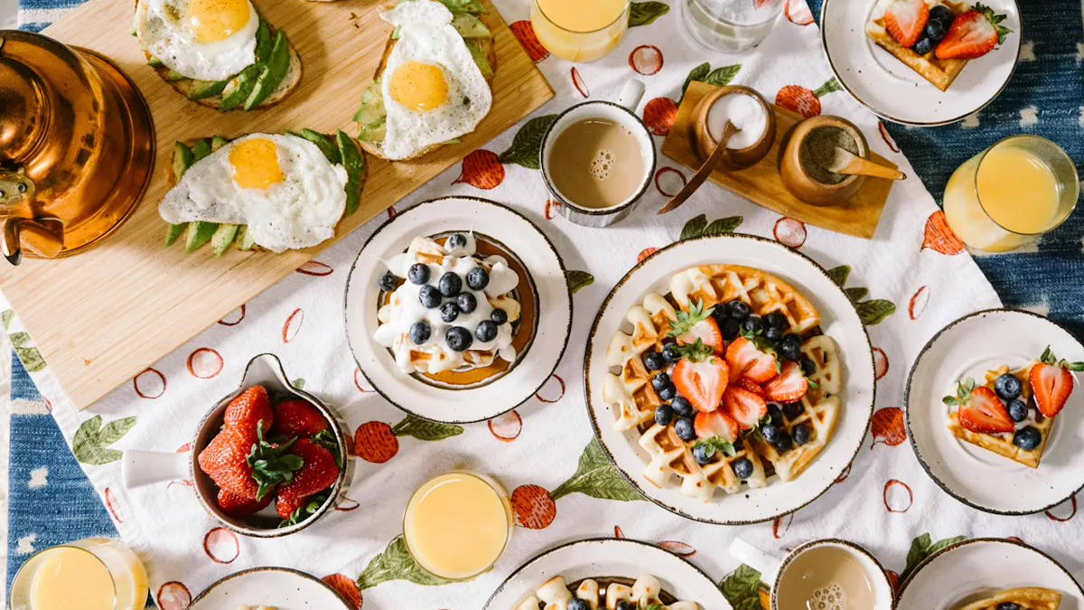 Homemade Pancake Breakfast on Weekend Morning weekend morning routine: stack of fresh homemade berry pancakes on sunny kitchen table